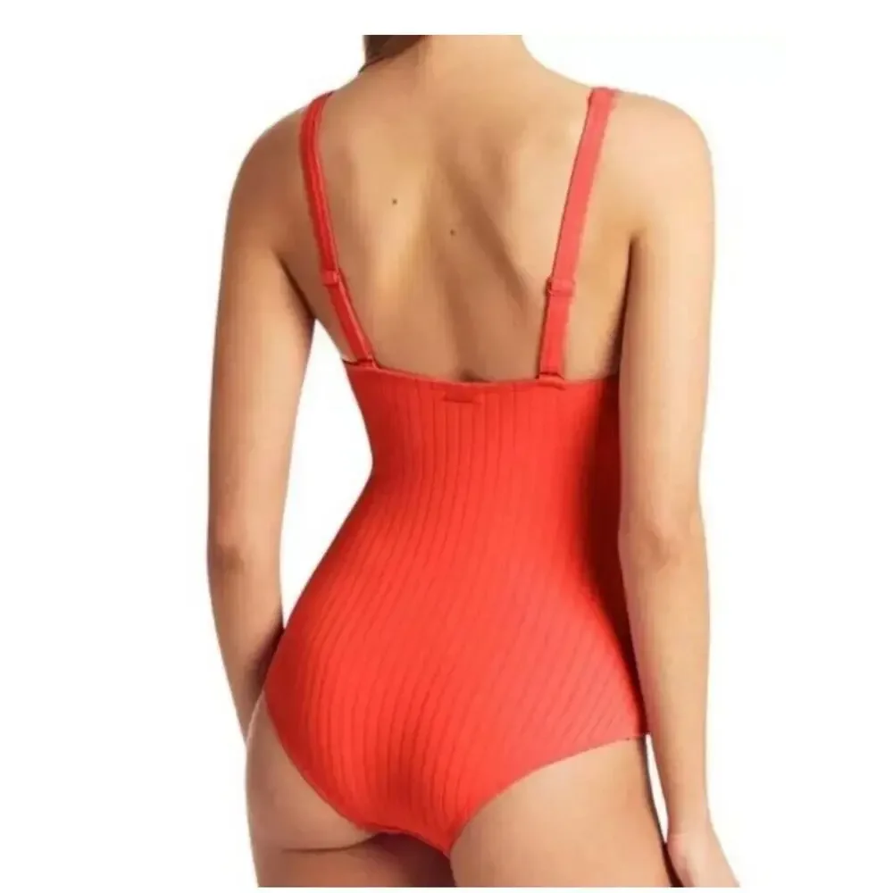 Sea Level Tangerine Orange Vesper Cross Front V-Neck One Piece Swimsuit Size 14